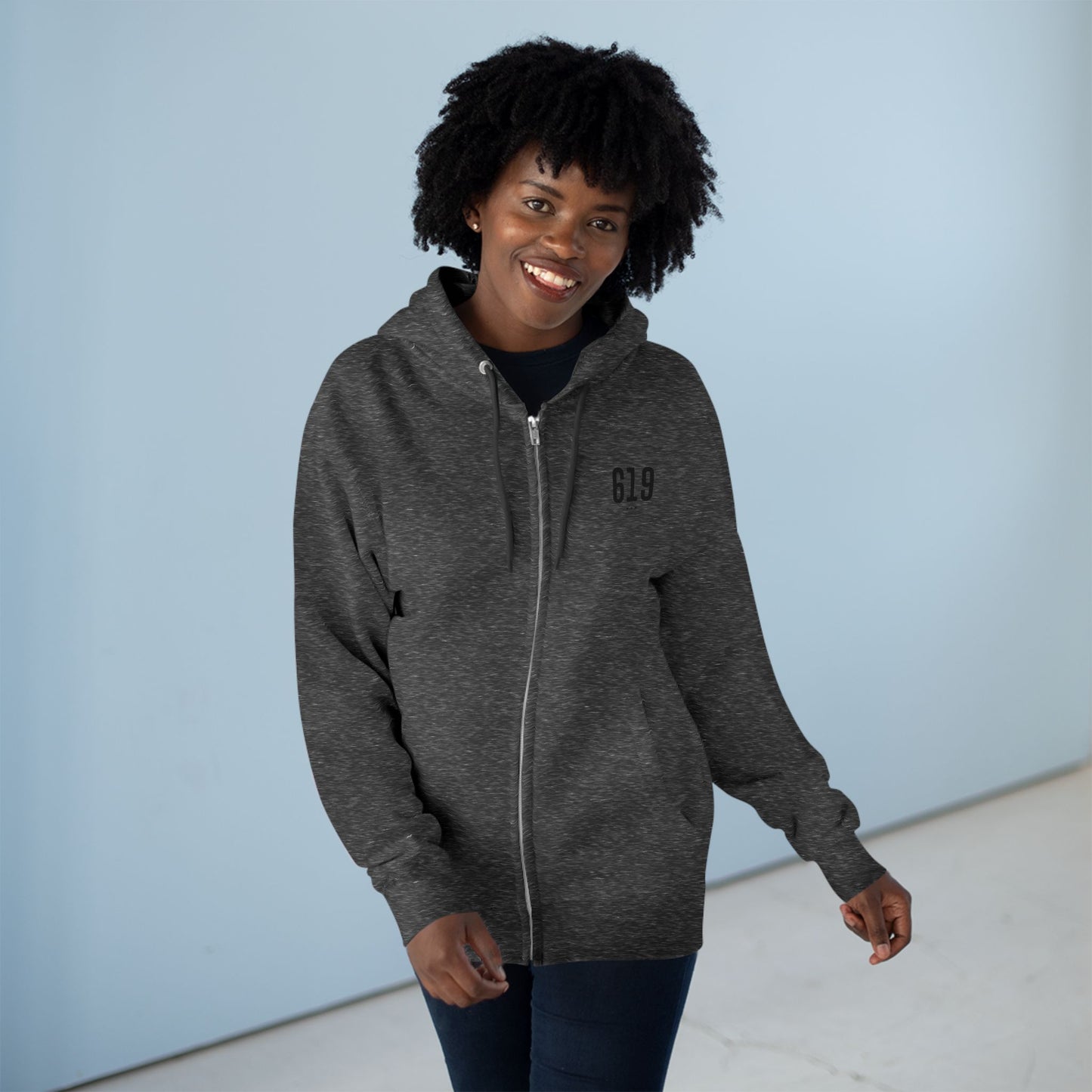 619 SD Street Style Unisex Zip Hoodie, Comfortable Layer, Great for Athleisure, Urban Fashion, Casual Wear