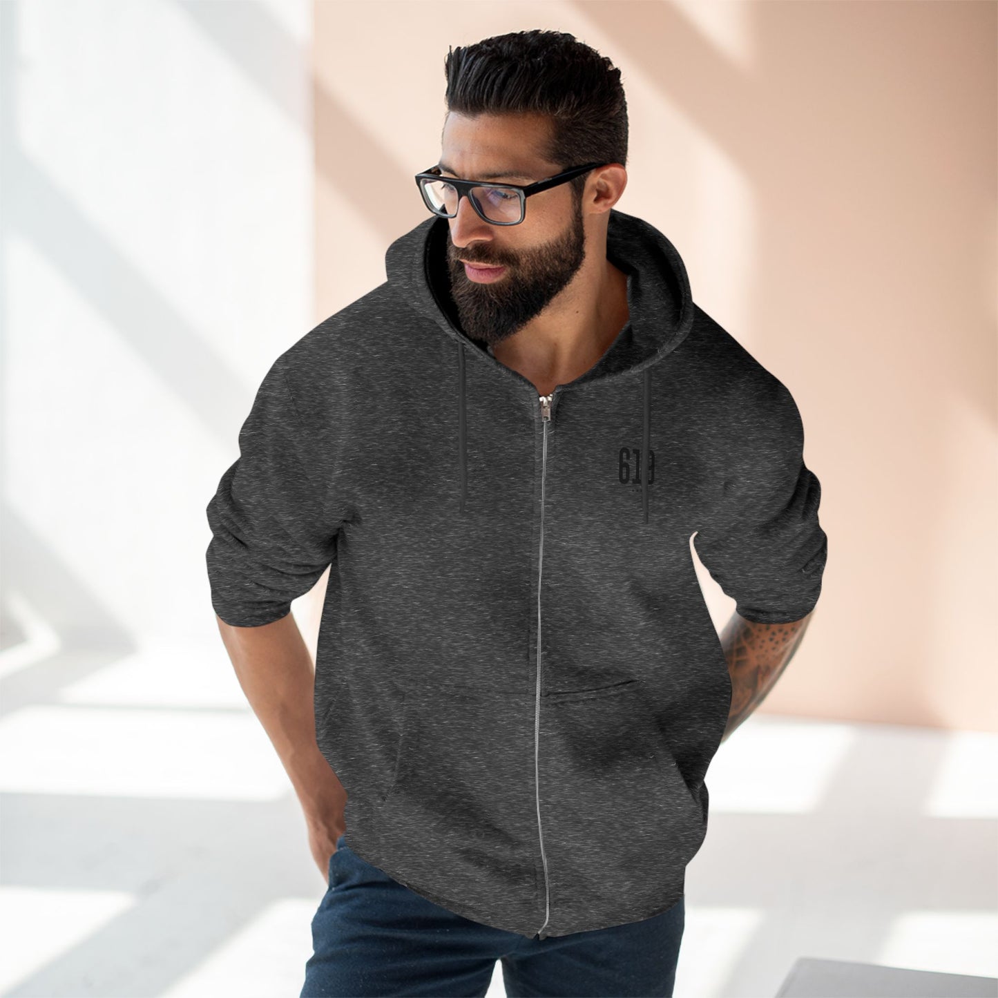 619 SD Street Style Unisex Zip Hoodie, Comfortable Layer, Great for Athleisure, Urban Fashion, Casual Wear