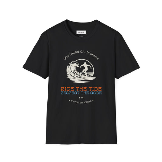 Unisex Softstyle T-Shirt - Ride the Tide, Respect the Code - Surfing Vibes & Southern California Style
