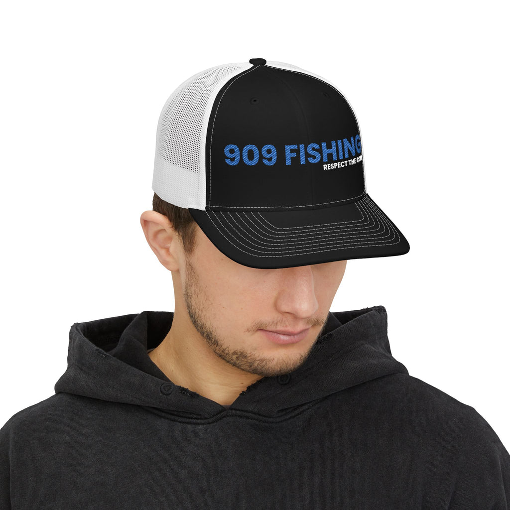 '909 Fishing' Embroidered Stylish Snapback Trucker Cap - Perfect for Casual Outings, Festivals, Gifts, Everyday Wear, and Sports!