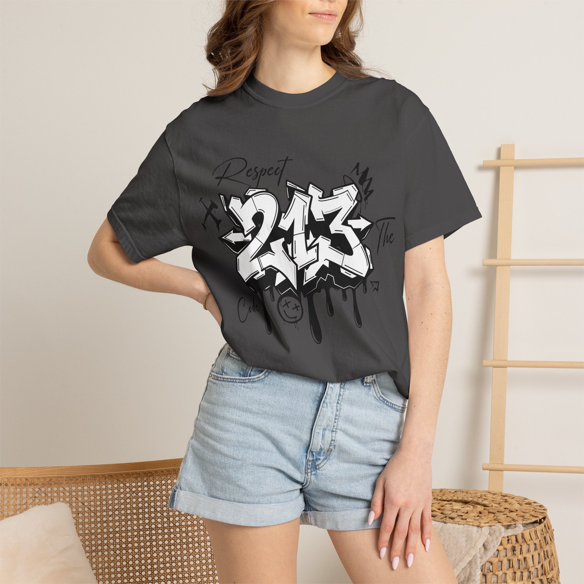 Respect the Code 213 Black and White Graffiti T-Shirt