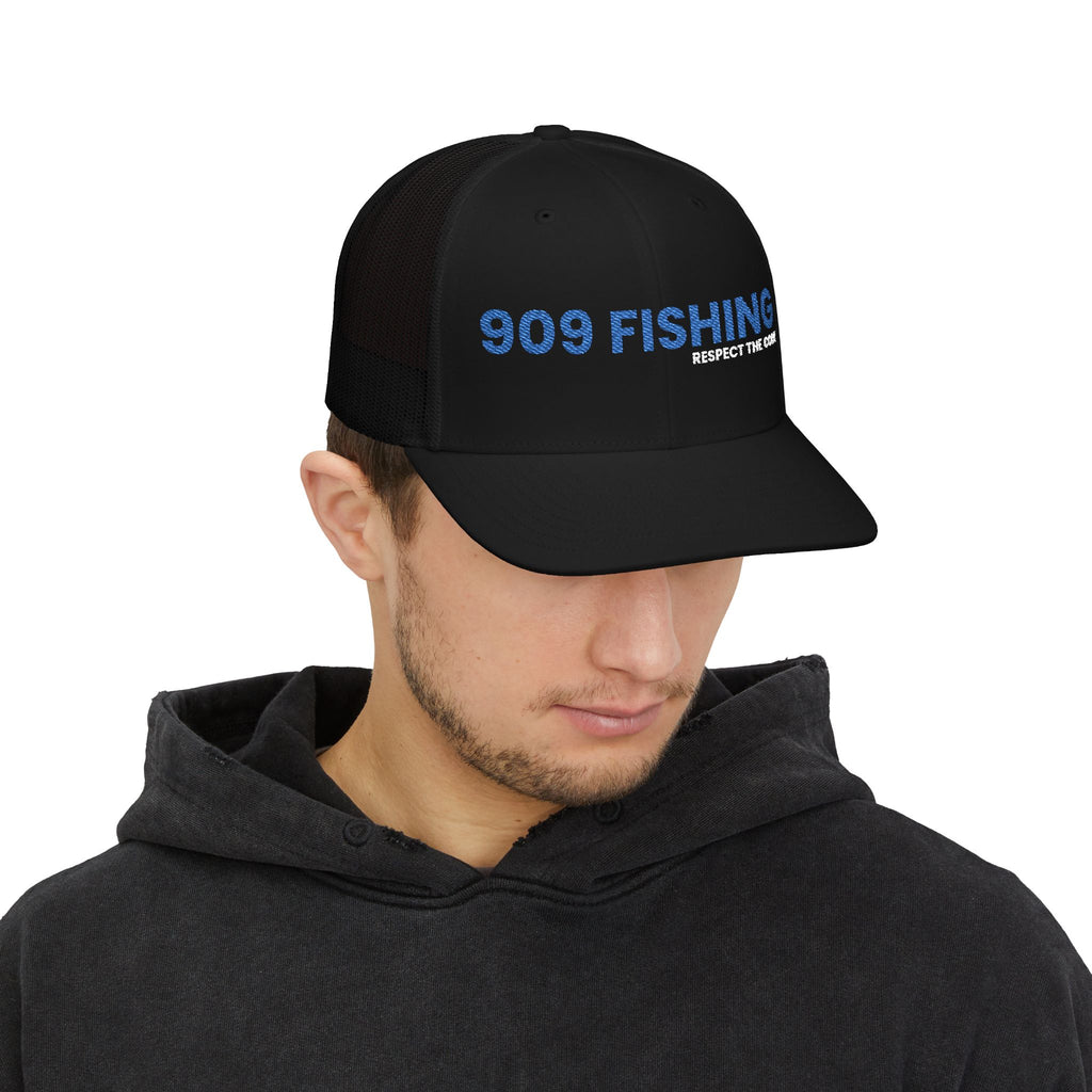 '909 Fishing' Embroidered Stylish Snapback Trucker Cap - Perfect for Casual Outings, Festivals, Gifts, Everyday Wear, and Sports!