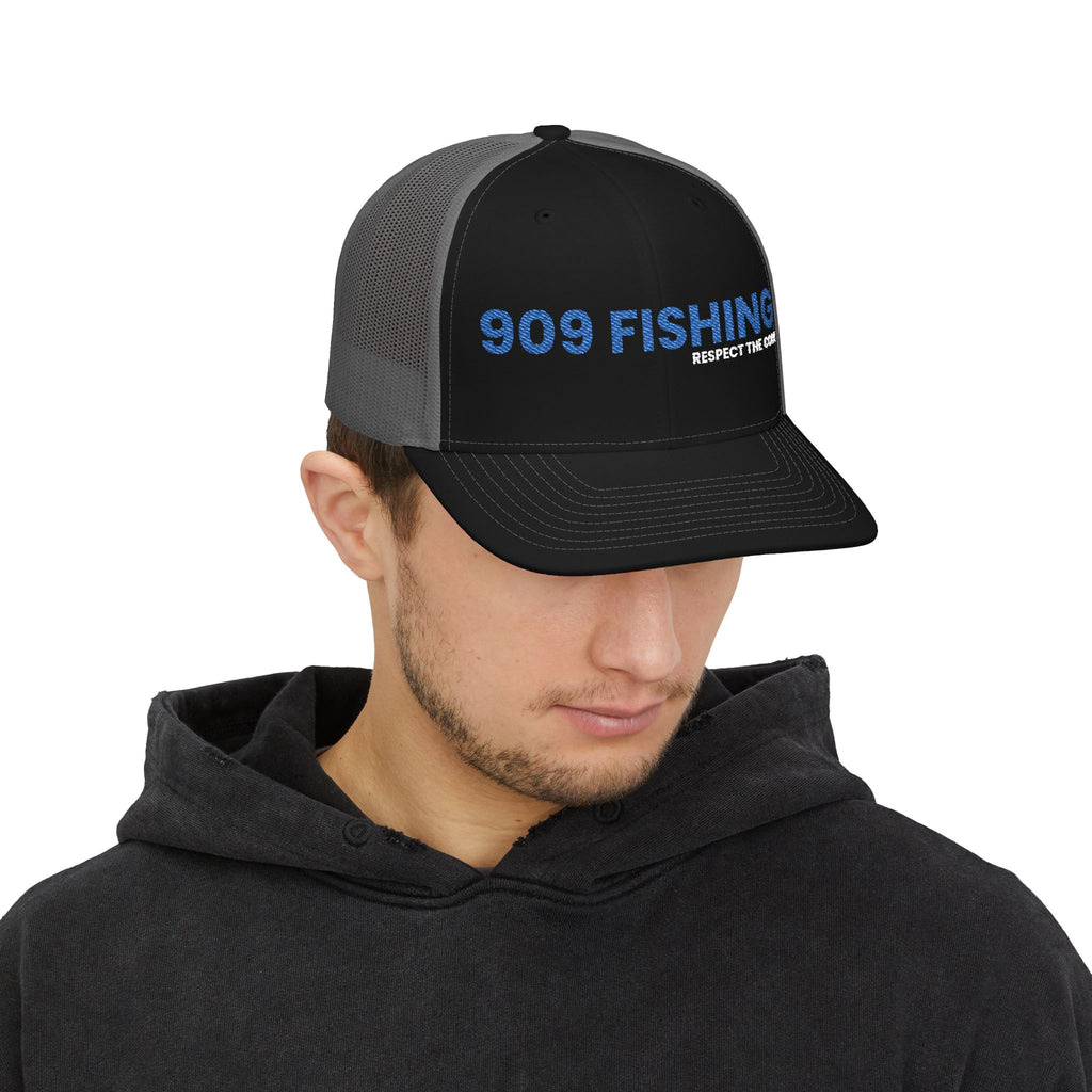 '909 Fishing' Embroidered Stylish Snapback Trucker Cap - Perfect for Casual Outings, Festivals, Gifts, Everyday Wear, and Sports!